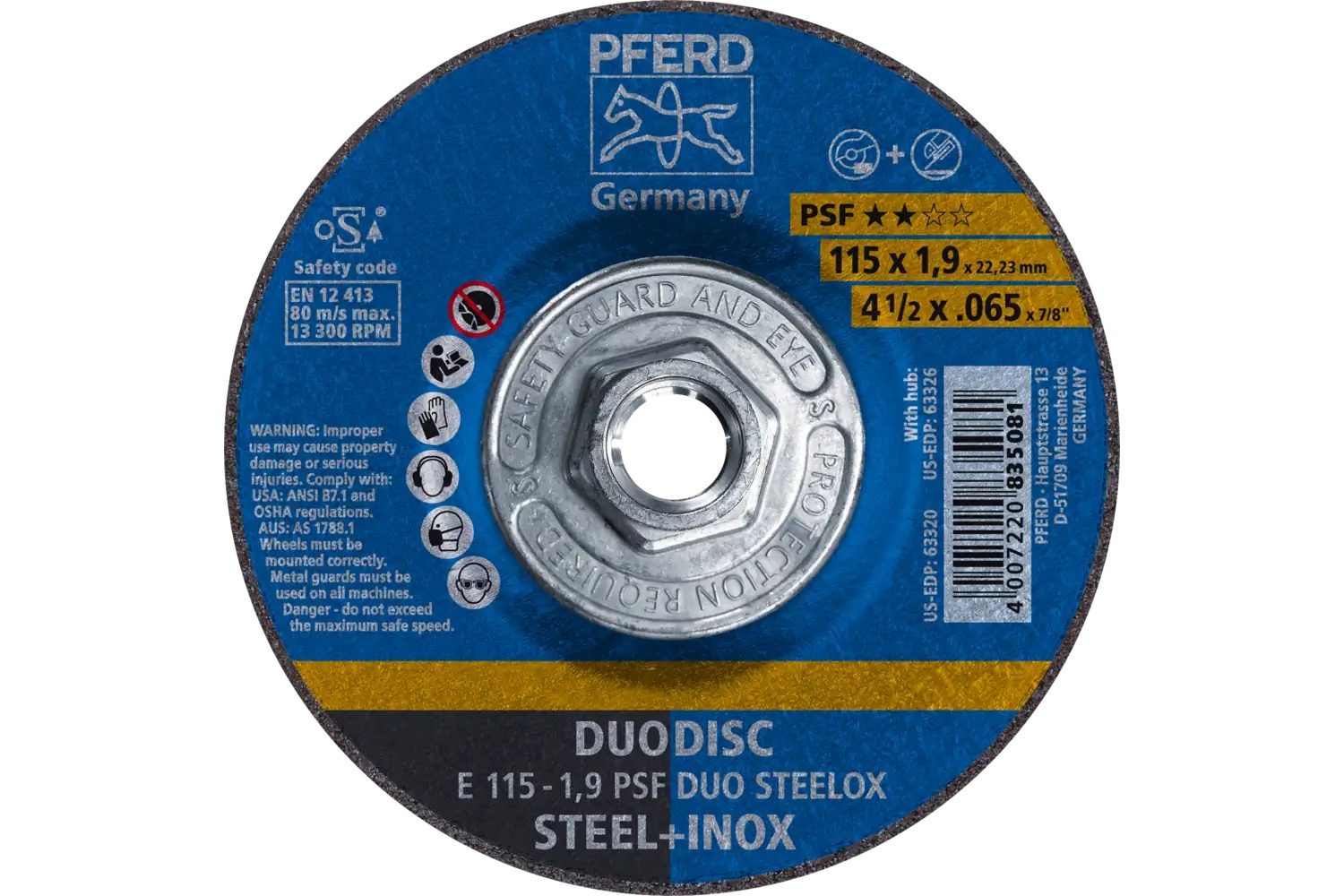 Picture of Pferd Combination Wheel, 4-1/2" X .065 X 5/8-11,Psf Duodisc Steelox,T27, Aluminum Oxide